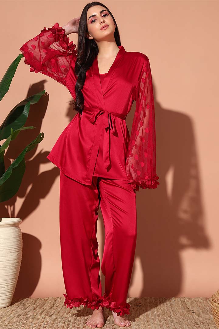 NIGHTWEAR-X2526IO Romantic Satin Nightsuit Set with robe