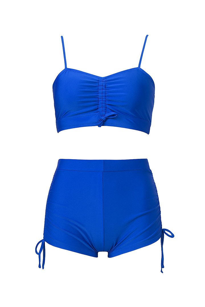 AXTZH Ruched High-Waisted Shorts Swimwear Set X9226-RBLUE-2PS