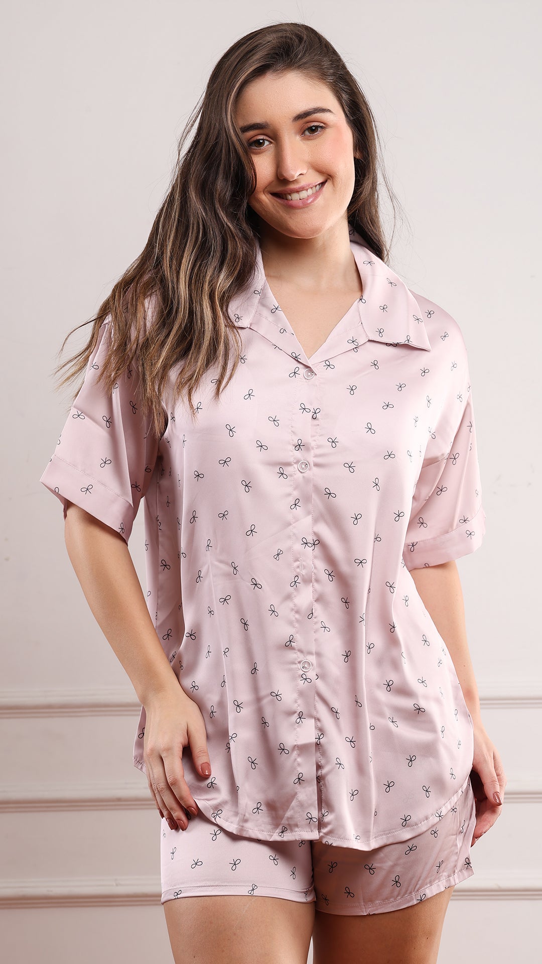 Blush Pink Striped Satin Shirt & Shorts PJ Set