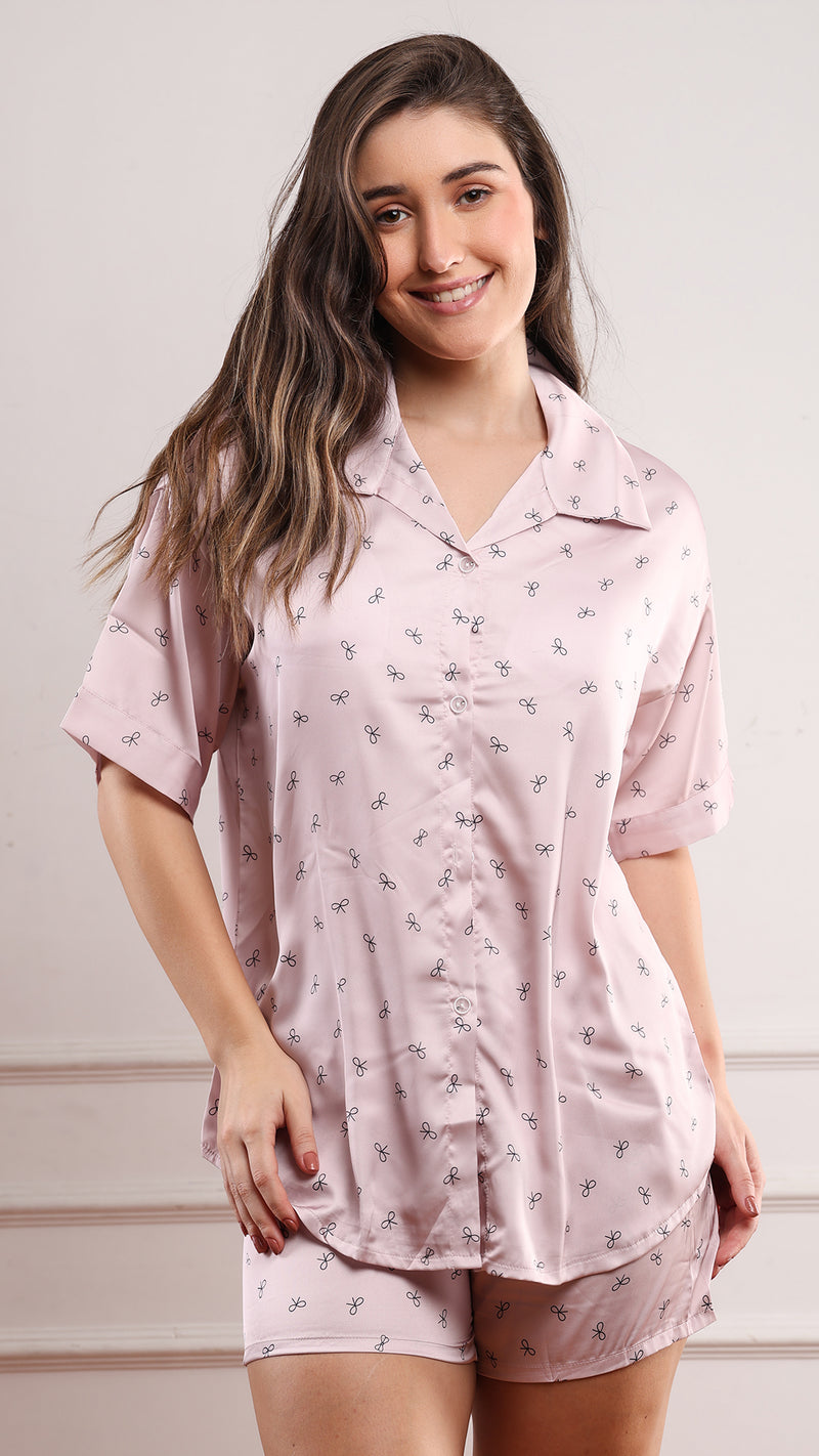 Blush Pink Striped Satin Shirt & Shorts PJ Set