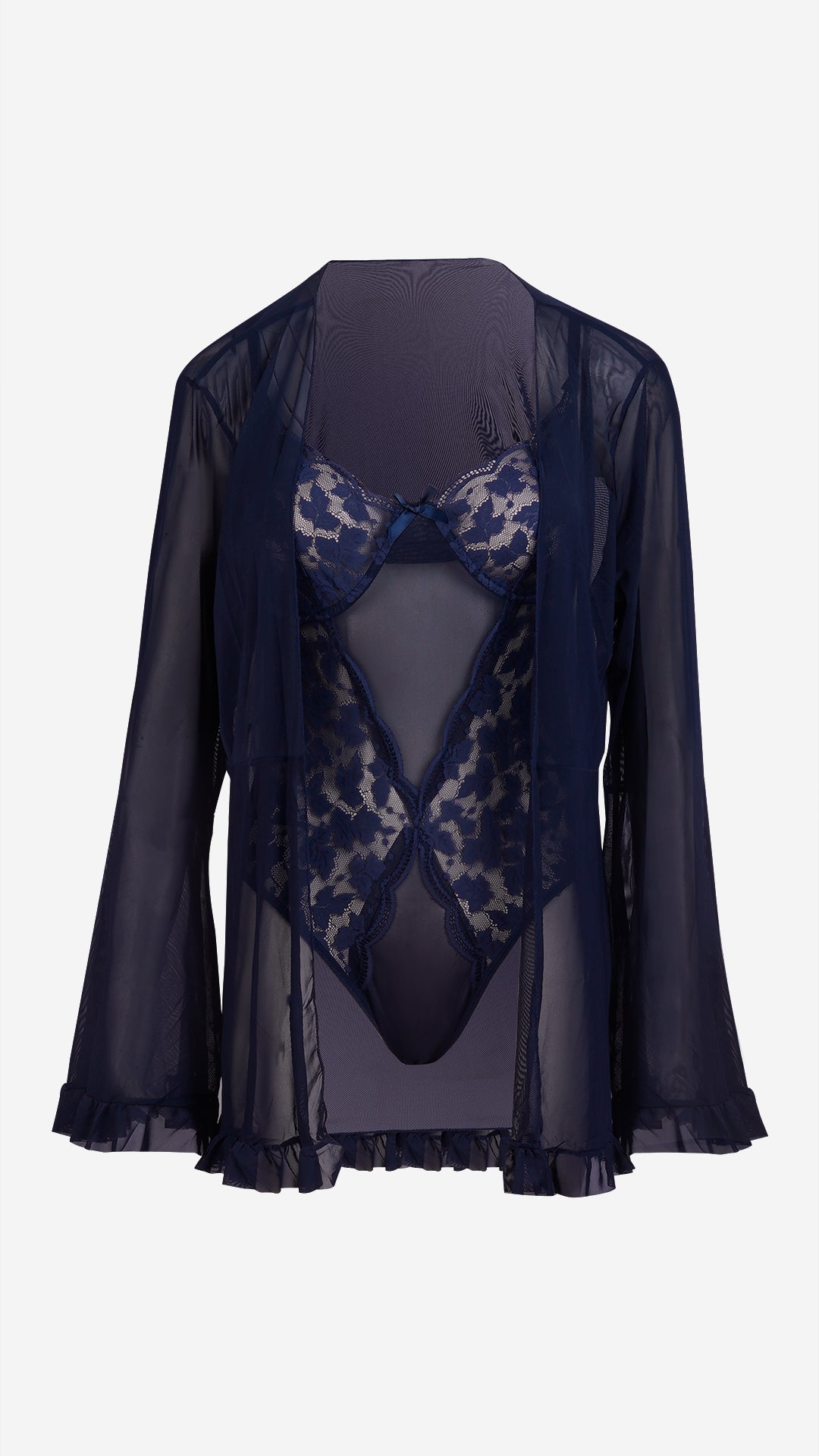 Navy Lace Wired Bodysuit & Sheer Robe Set