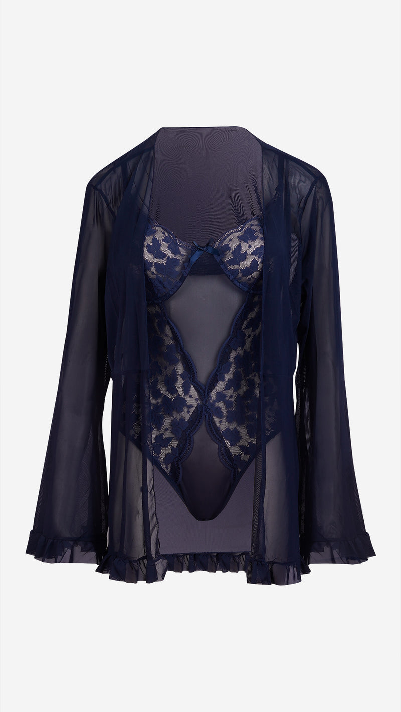 Navy Lace Wired Bodysuit & Sheer Robe Set