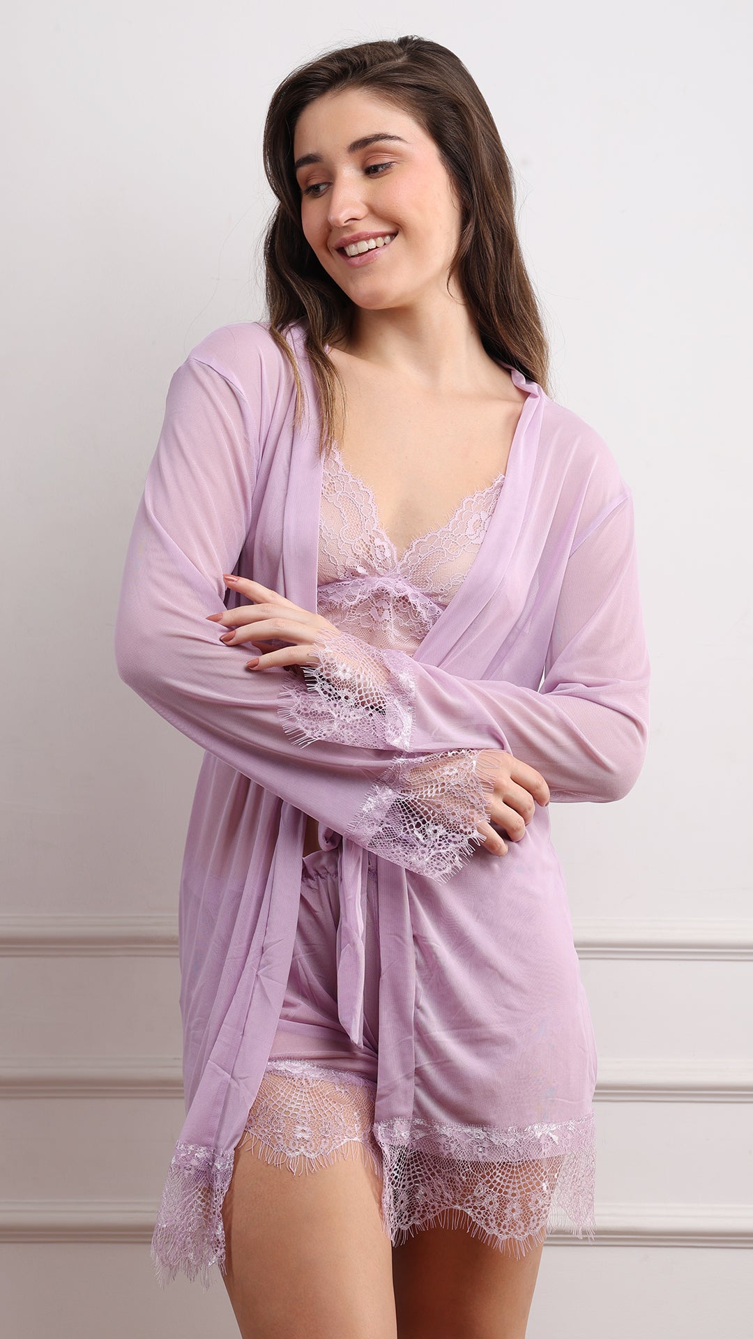 Lilac Lace Cami, Shorts & Robe 3-Piece Set