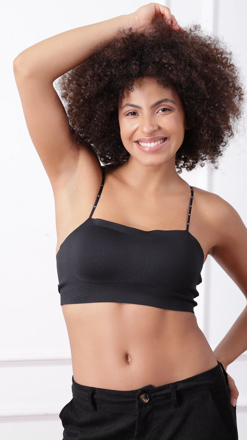 Black Padded Cami Bralette worn with black pants, front view