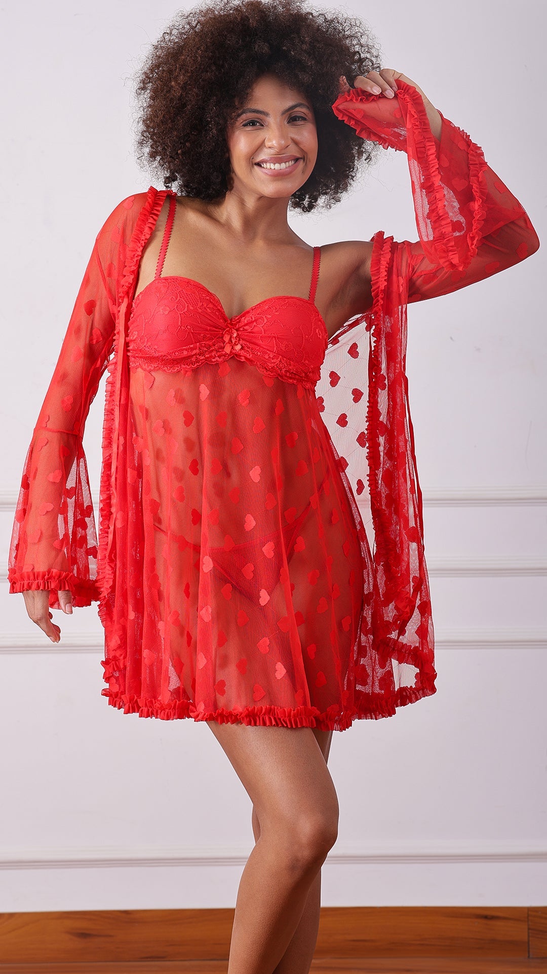 Sheer lace babydoll dress with matching robe, front view