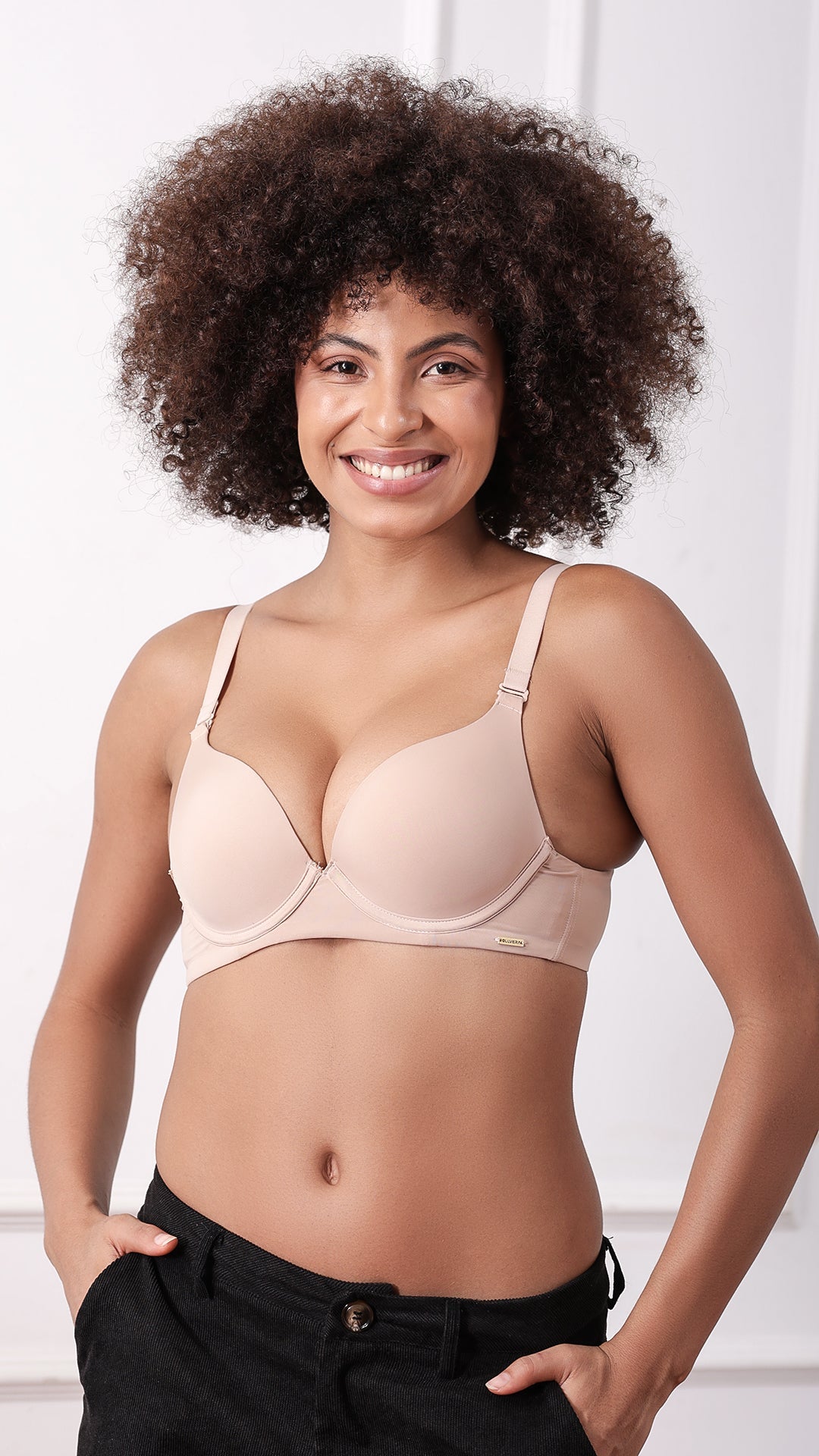 Woman wearing wired full coverage T-shirt bra, front view