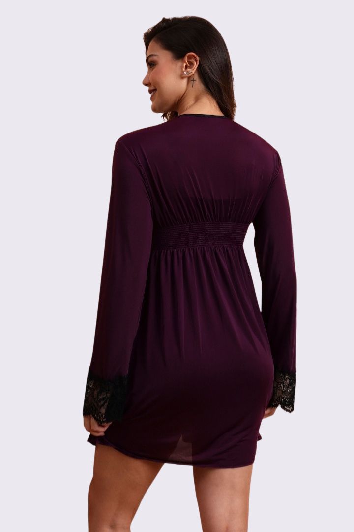 AXTZH Stylish Nightwear Duo with Flowing Outer Robe and Comfortable Inner Slip Dress X3233-MULBERRY-F11M