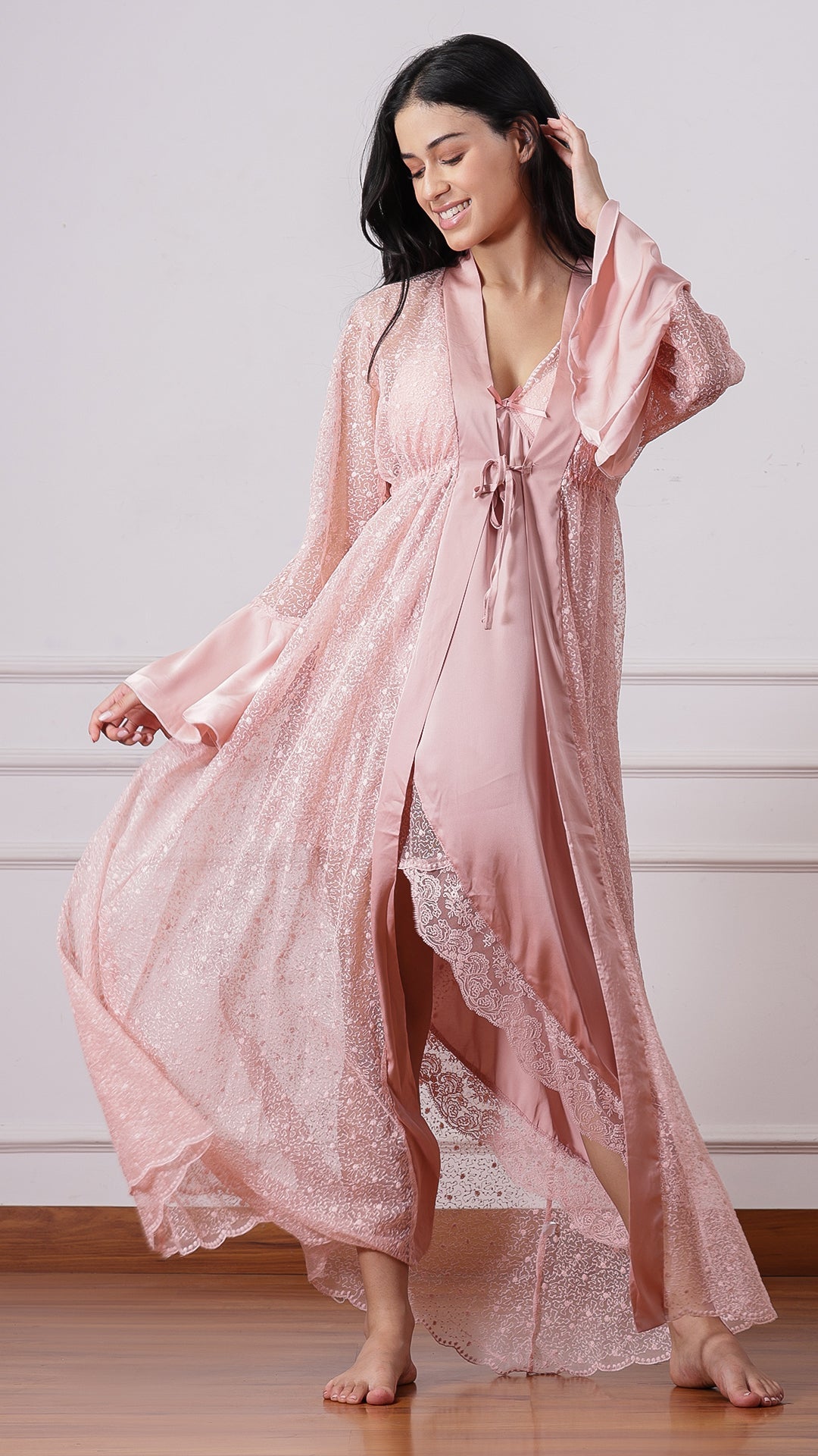 Pink satin nightdress with matching sheer lace robe, bell sleeves