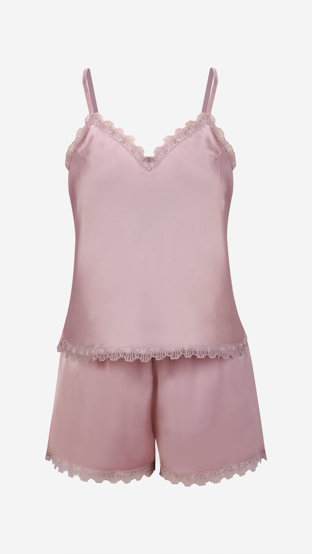 Mauve Satin Cami Shorts Set With Lace Trim