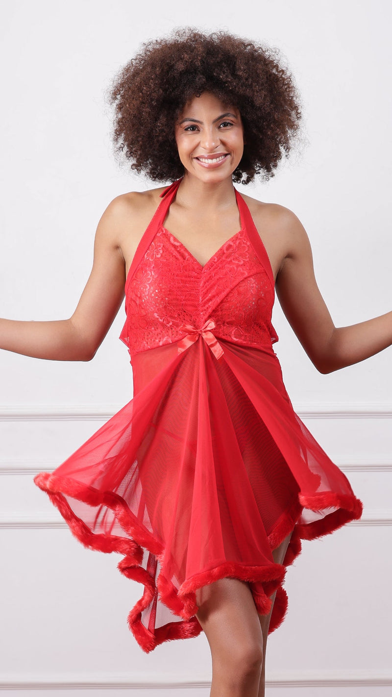 Woman wearing red halter babydoll with sheer mesh skirt and fur trim, front view