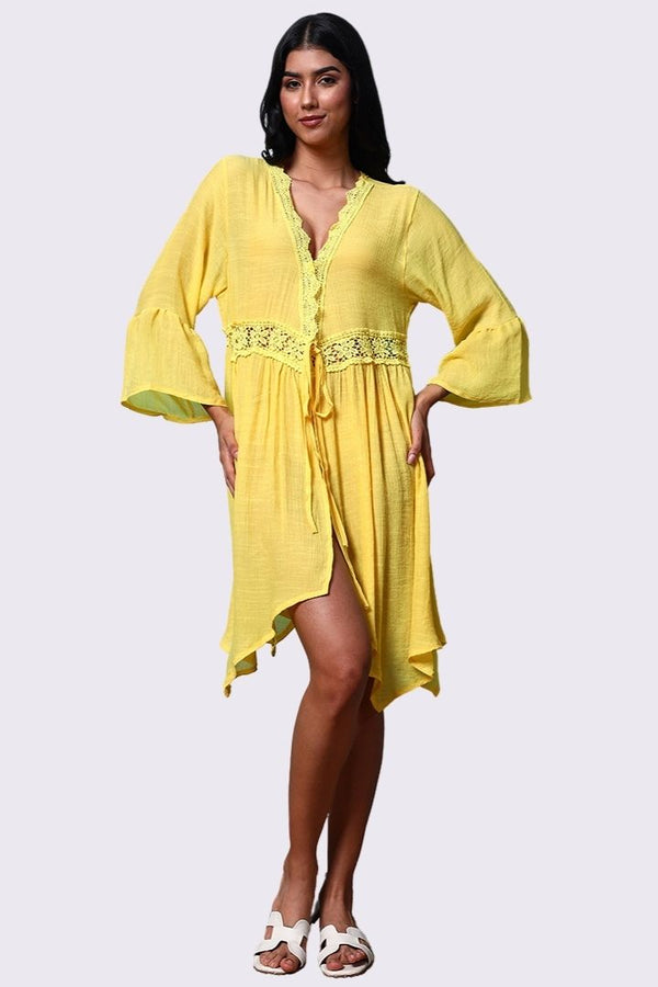AXTZH Flowing Sarong-Inspired Beachwear Dress with Bell Sleeves and Tie-Up Waist-X0629-CORNSILK-SNGA2