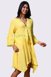AXTZH Flowing Sarong-Inspired Beachwear Dress with Bell Sleeves and Tie-Up Waist-X0629-CORNSILK-SNGA2