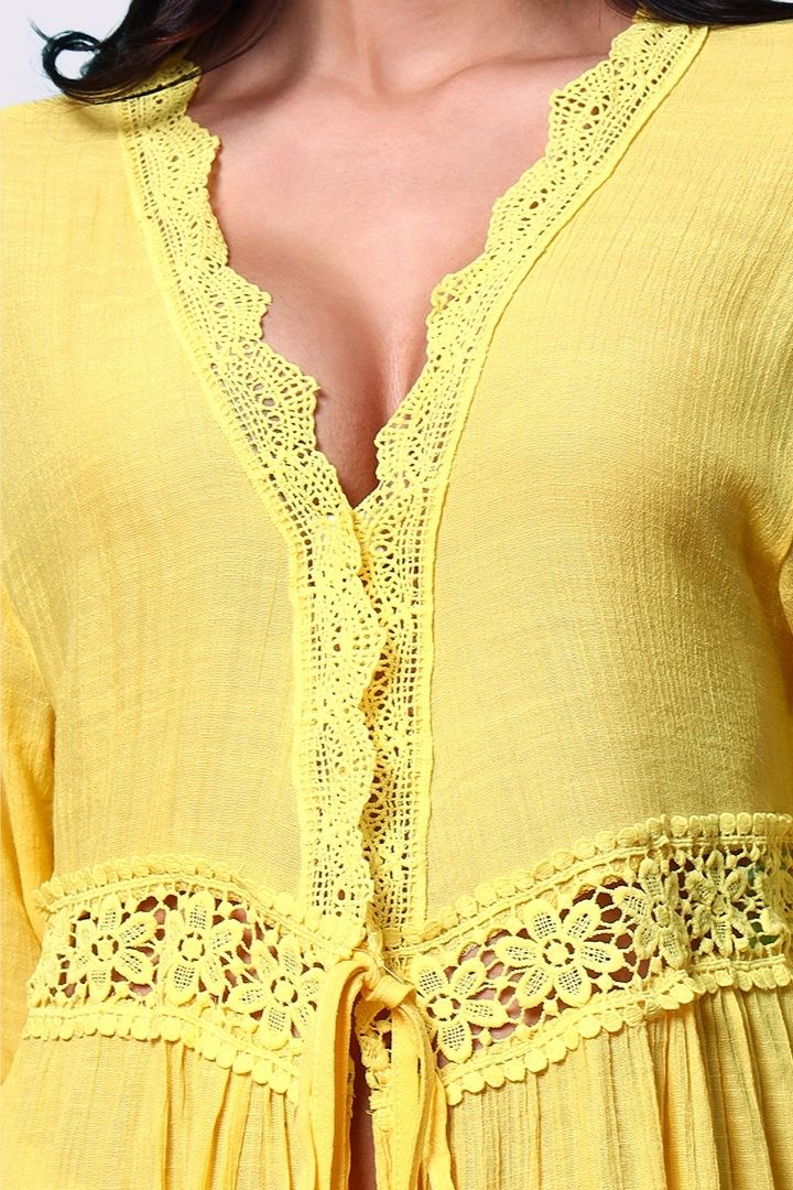 AXTZH Flowing Sarong-Inspired Beachwear Dress with Bell Sleeves and Tie-Up Waist-X0629-CORNSILK-SNGA2