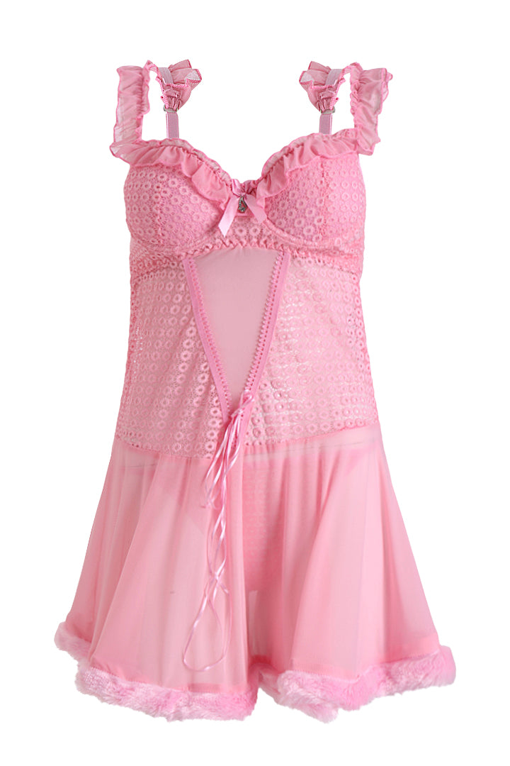 AXTZH Sheer Lace bridal Nightwear with Thong X0997-PINK-F1N