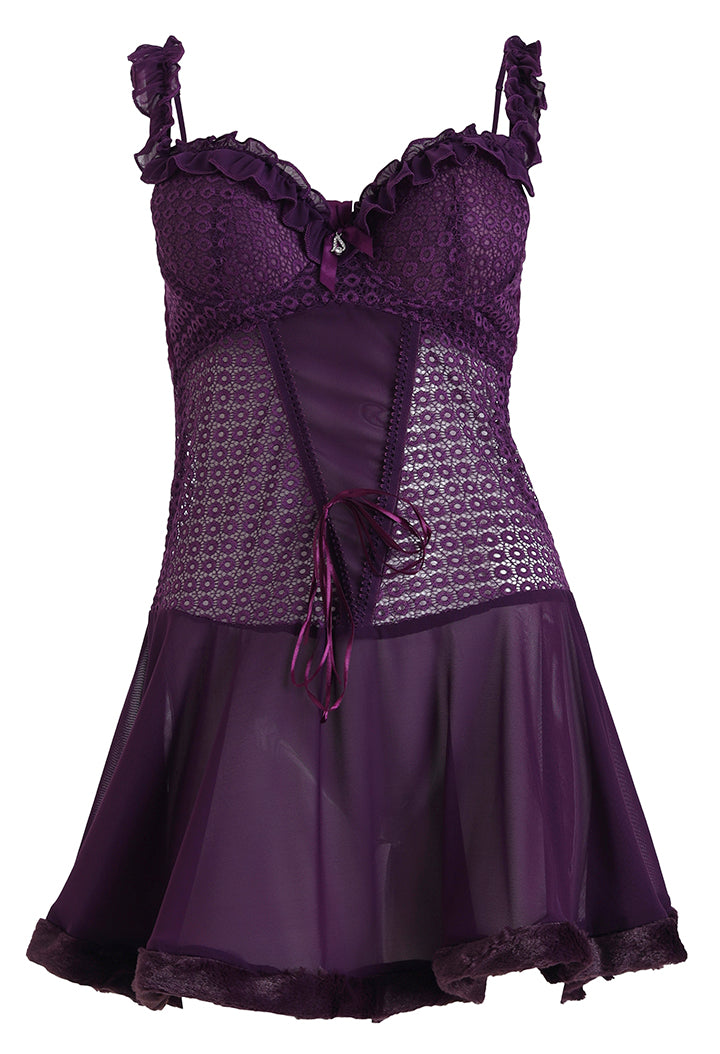 AXTZH Sheer Lace Nightwear with Thong X0997-DPURPLE-F1N