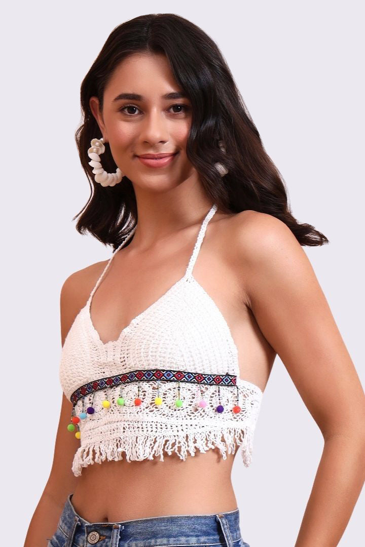 AXTZH Crochet Halter Beachwear Bra Top with Handcrafted Detailing and Playful Design-X0169-WHITE11-BW1PBL