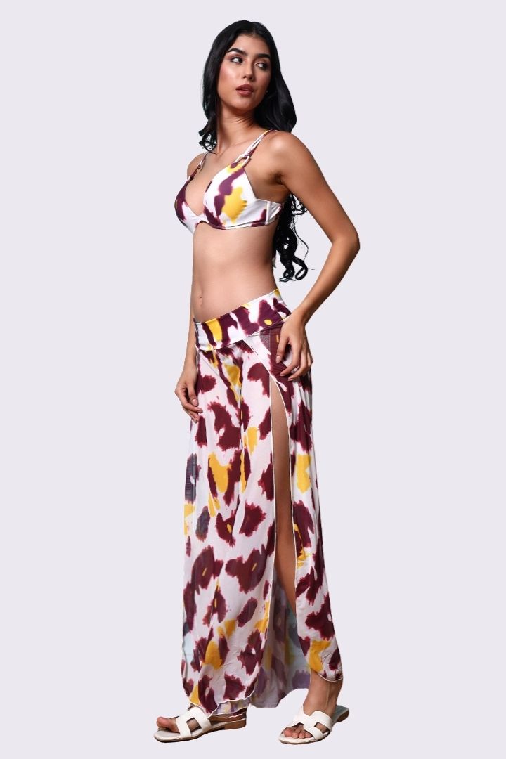 AXTZH Three-Piece Swimwear Set with Bikini Top, Bottom, and Flowing Sarong Skirt X4614-IVOPR-3PB