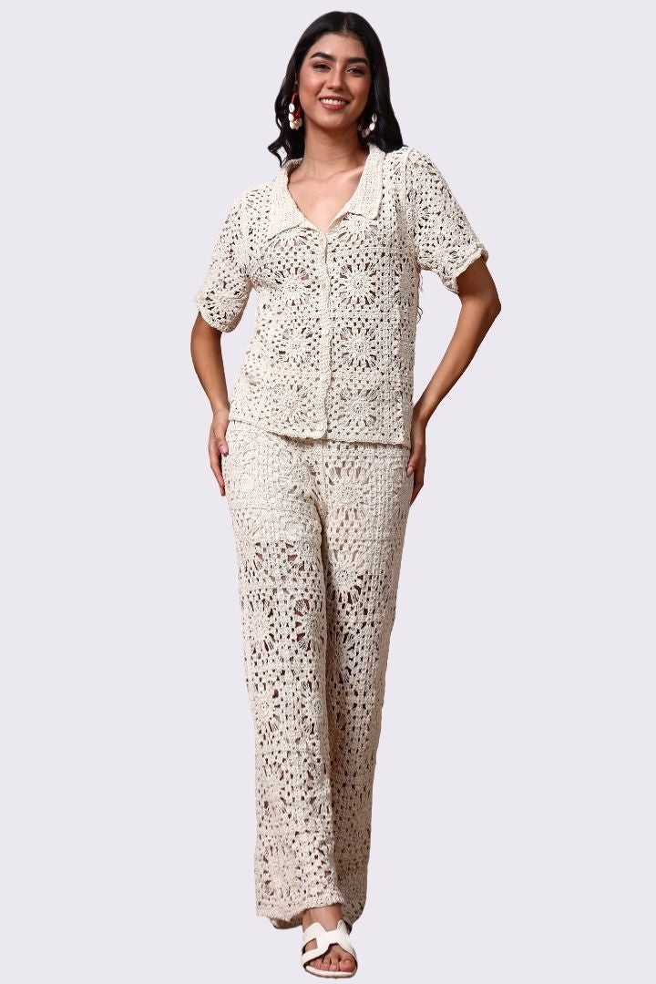 AXTZH Resort-Inspired Crochet Pants Featuring Sheer Weave and Flowing Silhouette X0139-BEIGE-BW1PLO
