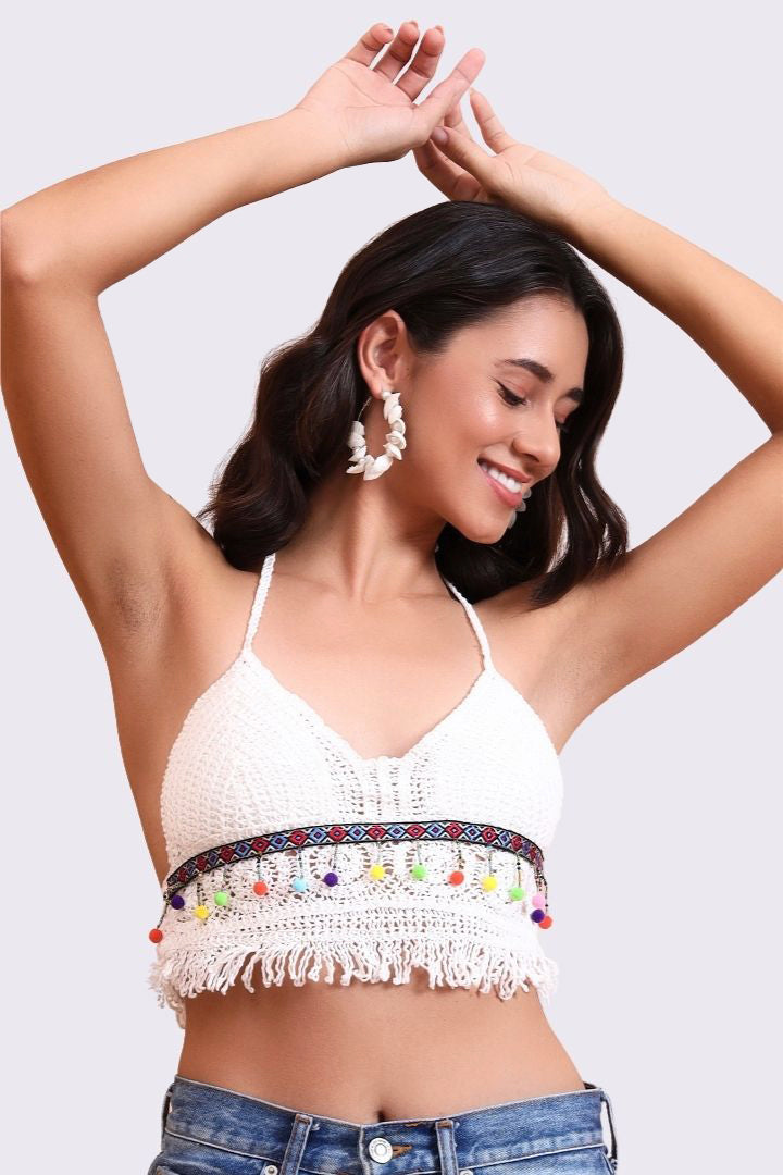 AXTZH Crochet Halter Beachwear Bra Top with Handcrafted Detailing and Playful Design-X0169-WHITE11-BW1PBL