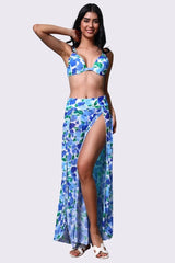 AXTZH Three-Piece Swimwear Set with Bikini Top, Bottom, and Flowing Sarong Skirt X4614-BLUPR-3PB