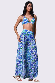 AXTZH Three-Piece Swimwear Set with Bikini Top, Bottom, and Flowing Sarong Skirt X4614-BLUPR-3PB