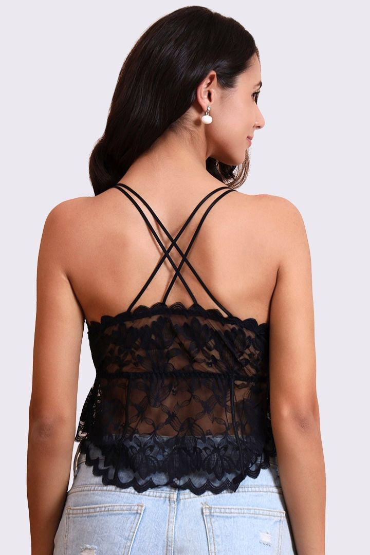 AXTZH Feminine Bralette for Women Featuring Satin Cups and Floral Lace Finish-X5113-BLACK-CN124