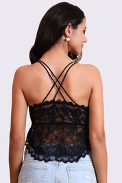 AXTZH Feminine Bralette for Women Featuring Satin Cups and Floral Lace Finish-X5113-BLACK-CN124