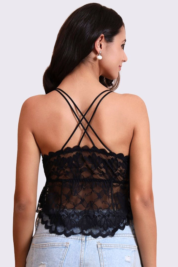 AXTZH Feminine Bralette for Women Featuring Satin Cups and Floral Lace Finish-X5113-BLACK-CN124