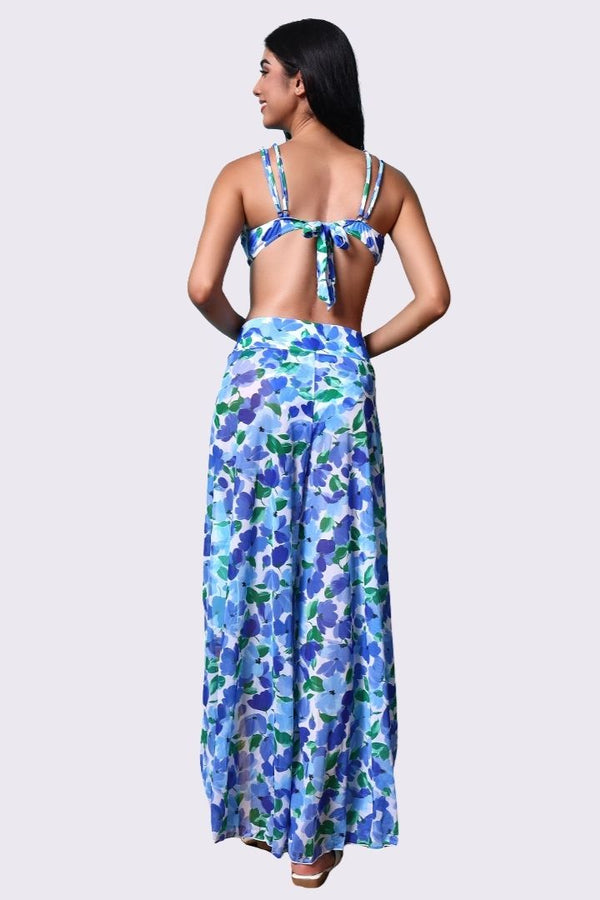 AXTZH Three-Piece Swimwear Set with Bikini Top, Bottom, and Flowing Sarong Skirt X4614-BLUPR-3PB