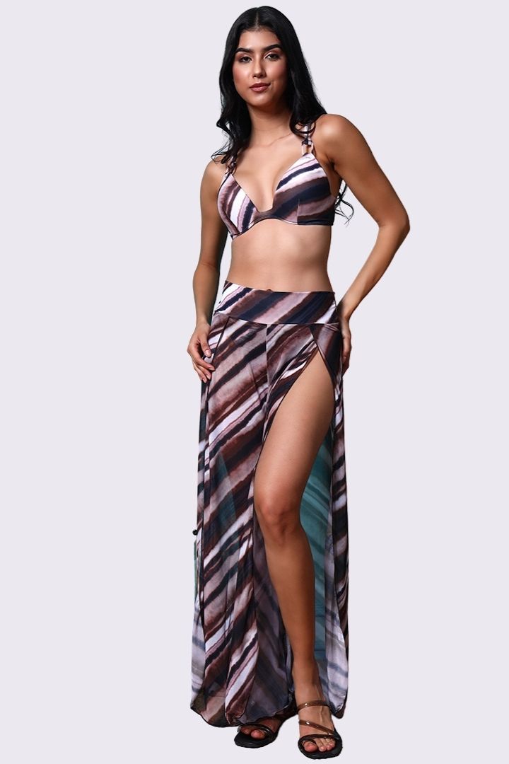 AXTZH Three-Piece Swimwear Set with Bikini Top, Bottom, and Flowing Sarong Skirt-X4614-COFPR-3PB