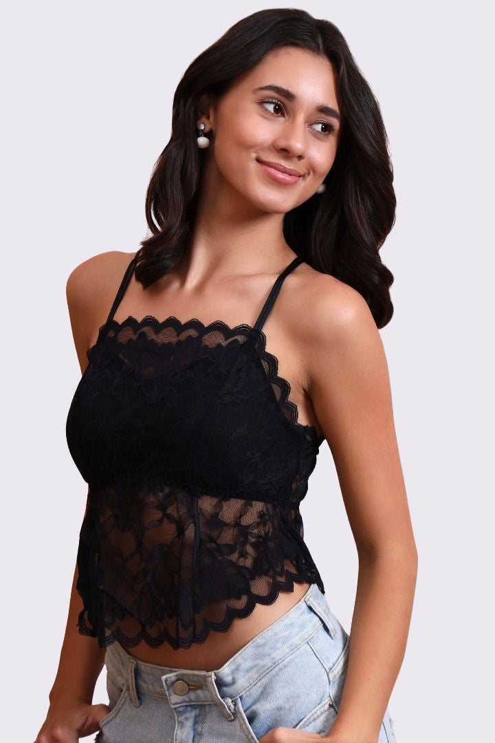 AXTZH Feminine Bralette for Women Featuring Satin Cups and Floral Lace Finish-X5113-BLACK-CN124