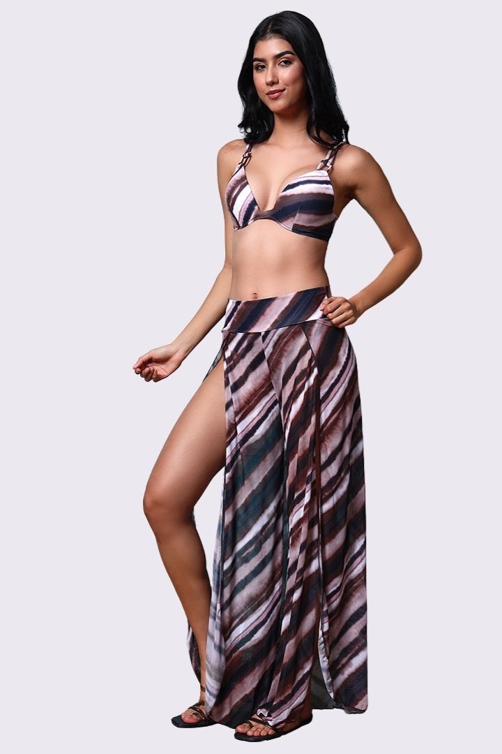 AXTZH Three-Piece Swimwear Set with Bikini Top, Bottom, and Flowing Sarong Skirt-X4614-COFPR-3PB