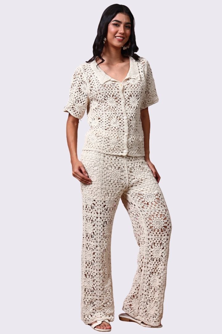 AXTZH Resort-Inspired Crochet Pants Featuring Sheer Weave and Flowing Silhouette X0139-BEIGE-BW1PLO