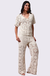AXTZH Resort-Inspired Crochet Pants Featuring Sheer Weave and Flowing Silhouette X0139-BEIGE-BW1PLO