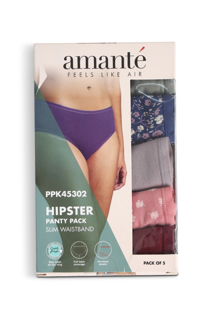 AMANTE Assorted Low Rise Hipster Panties (Pack of 5 Colors & Prints May Vary) PPK45302-MIXED
