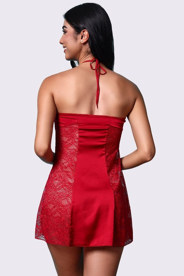 AXTZH Elegant One-Piece Nightwear for Women with Sheer Lace Accents X7027-SCARLET-SF1N