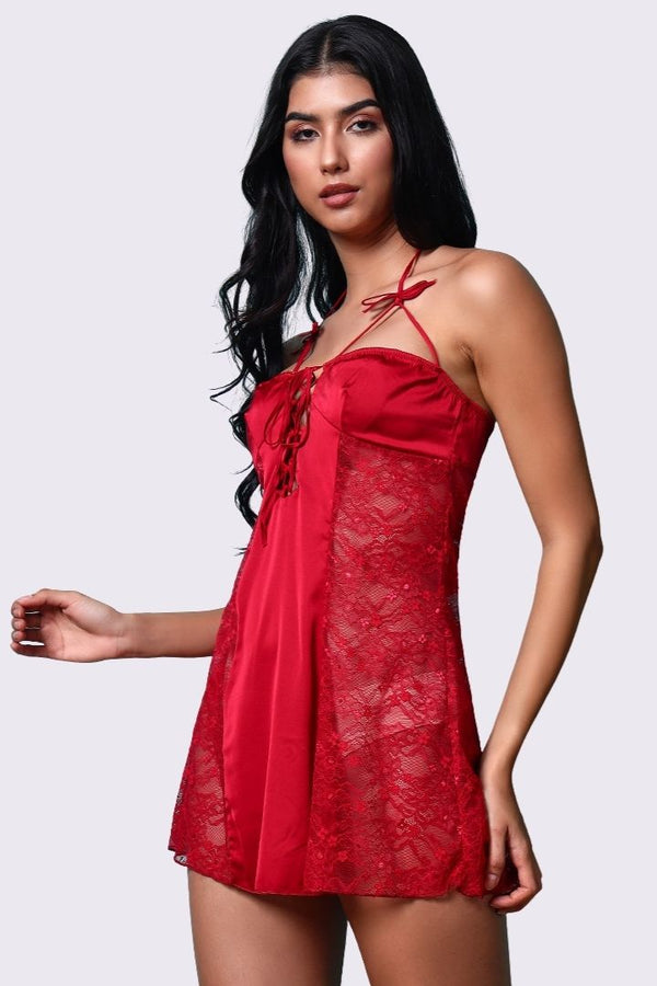 AXTZH Elegant One-Piece Nightwear for Women with Sheer Lace Accents X7027-SCARLET-SF1N