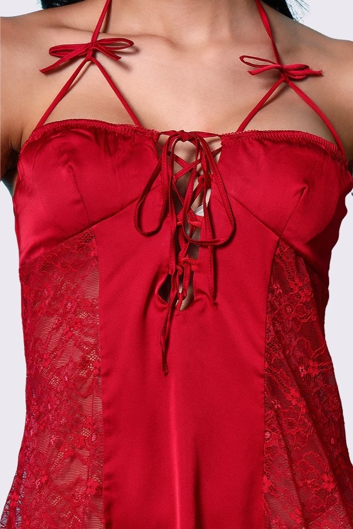 AXTZH Elegant One-Piece Nightwear for Women with Sheer Lace Accents X7027-SCARLET-SF1N