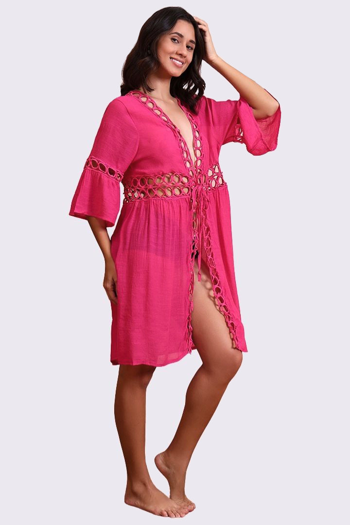 AXTZH Lightweight Resort Cover-Up Featuring Crochet Detailing and Breezy Fit-X0630-FUCHSIA-SNGA2