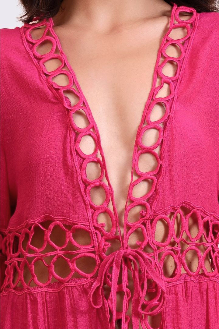 AXTZH Lightweight Resort Cover-Up Featuring Crochet Detailing and Breezy Fit-X0630-FUCHSIA-SNGA2