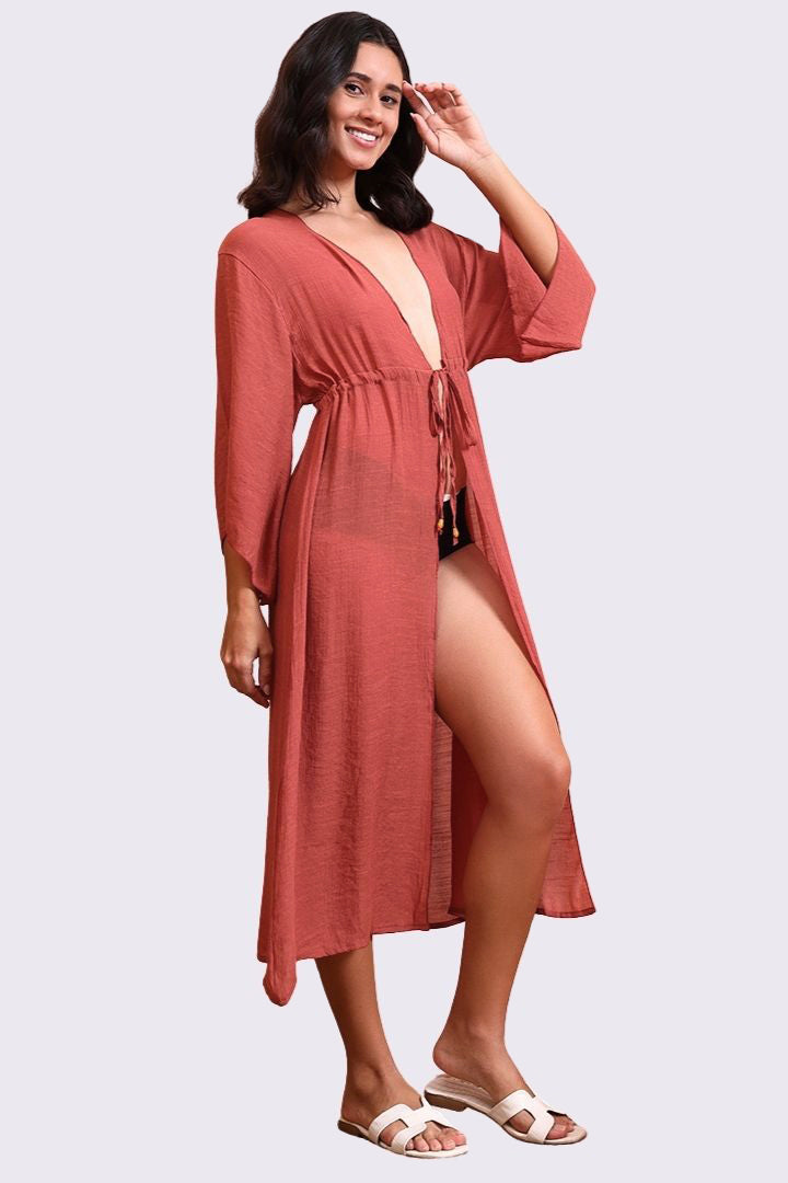 AXTZH Elegant Women’s Coverup Sarong Beachwear with Flowing Silhouette and Tie Detail-X8387-RUST-SNGA2