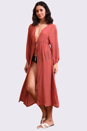 AXTZH Elegant Women’s Coverup Sarong Beachwear with Flowing Silhouette and Tie Detail-X8387-RUST-SNGA2