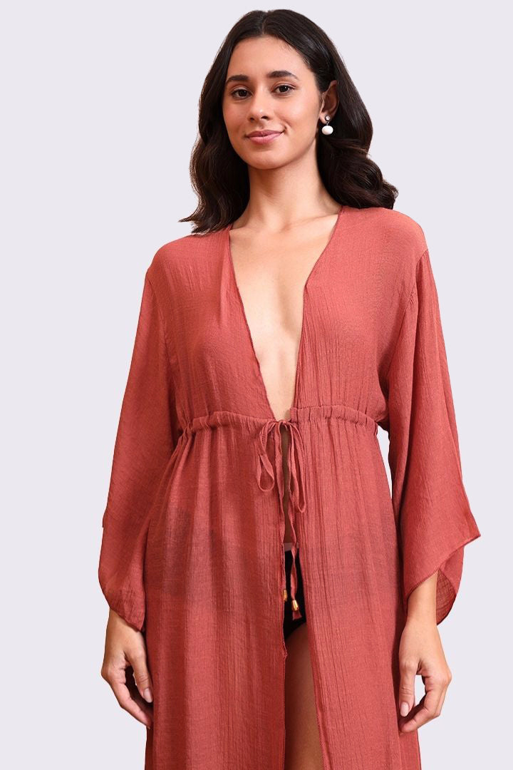 AXTZH Elegant Women’s Coverup Sarong Beachwear with Flowing Silhouette and Tie Detail-X8387-RUST-SNGA2