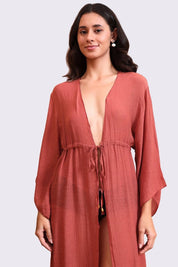 AXTZH Elegant Women’s Coverup Sarong Beachwear with Flowing Silhouette and Tie Detail-X8387-RUST-SNGA2