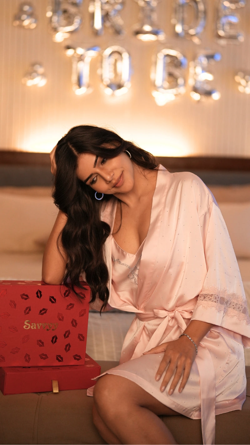 Peach Satin Nightgown & Lace Robe Set