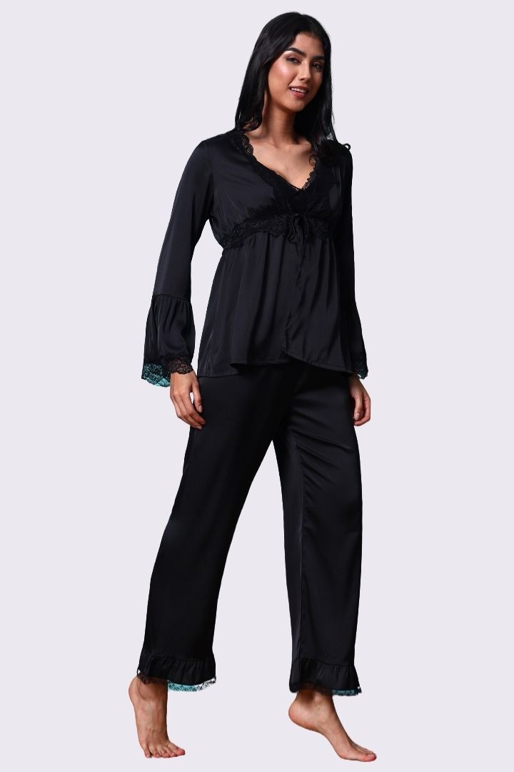 AXTZH Elegant Three-Piece Nightwear Ensemble Featuring Relaxed Fit and Romantic Detailing-X2498-BLACK-NSL3PS