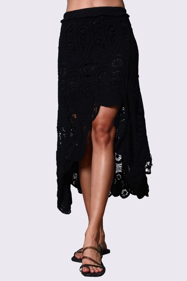 AXTZH Women’s Sexy Crochet High-Low Skirt Beachwear with Elegant Detailing-X3313-BLACK-BW1PSK