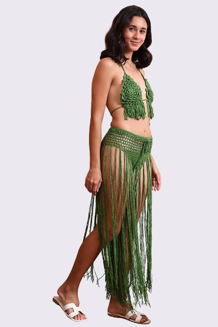 AXTZH  Statement Crochet Beach Set Featuring Handcrafted Bra Top and Dramatic Fringe Overlay-X0381-FGREEN-BW2PF