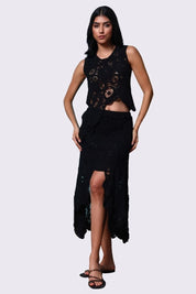 AXTZH Women’s Sexy Crochet High-Low Skirt Beachwear with Elegant Detailing-X3313-BLACK-BW1PSK