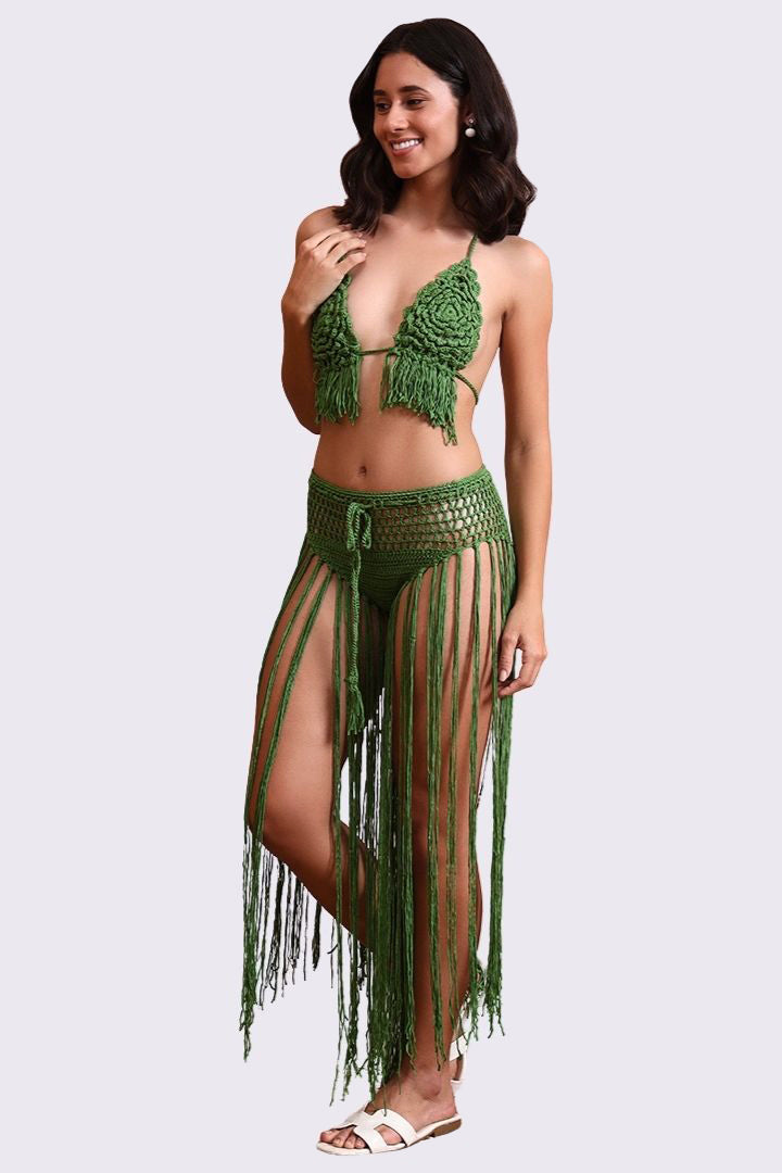 AXTZH  Statement Crochet Beach Set Featuring Handcrafted Bra Top and Dramatic Fringe Overlay-X0381-FGREEN-BW2PF